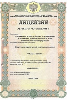 Лицензия № 163783 от 02.06.2018 Услуги по передаче данных без голоса. Алтайский край